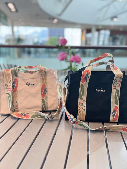 Tote bag med axelrem i etnisk stil med dragkedja