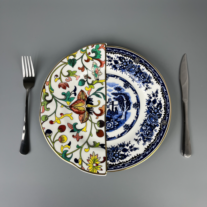 Bone china plates of East Meet West Dutch Delftware & Chinese doucai entwined lotus patterns