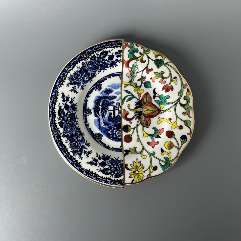 Bone china plates of East Meet West Dutch Delftware & Chinese doucai entwined lotus patterns