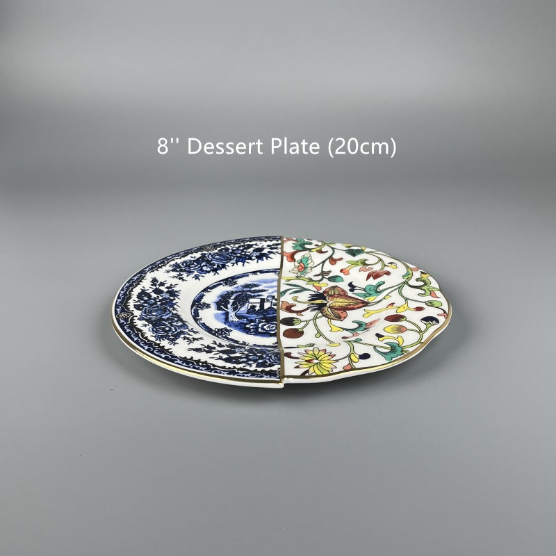 Bone china plates of East Meet West Dutch Delftware & Chinese doucai entwined lotus patterns