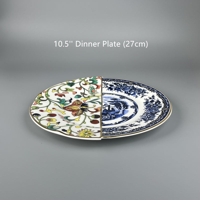 Bone china plates of East Meet West Dutch Delftware & Chinese doucai entwined lotus patterns