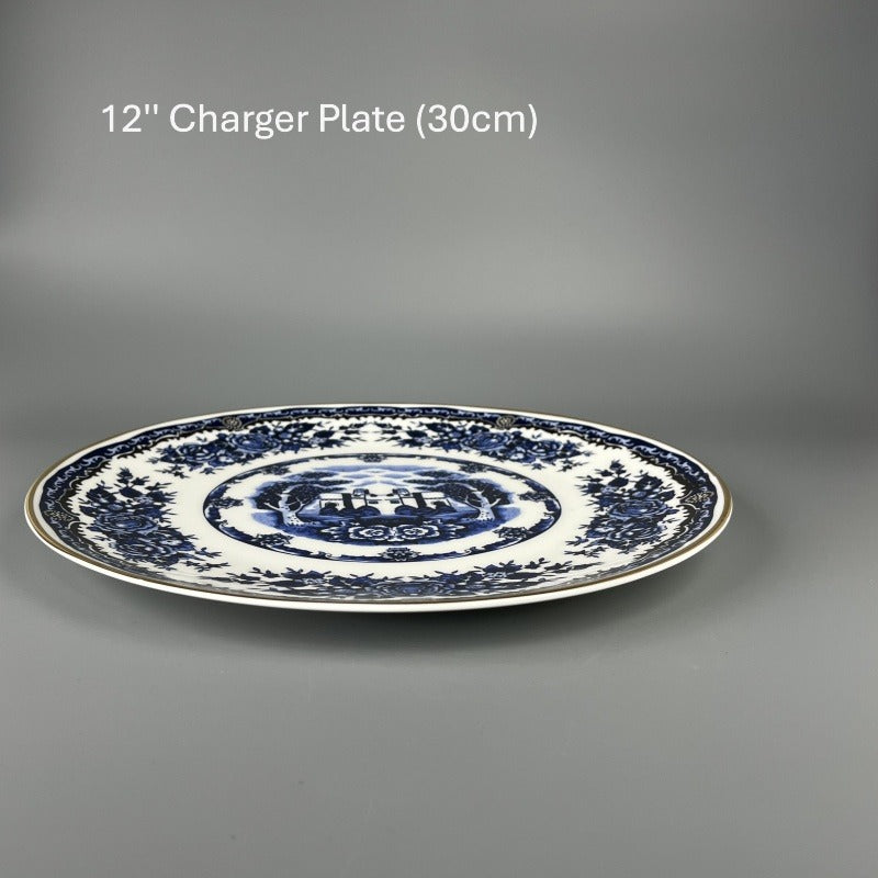 Bone china plates of East Meet West Dutch Delftware & Chinese doucai entwined lotus patterns
