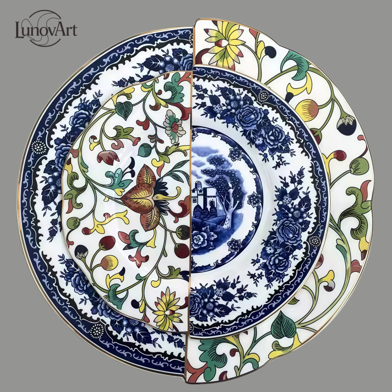 Bone china plates of East Meet West Dutch Delftware & Chinese doucai entwined lotus patterns