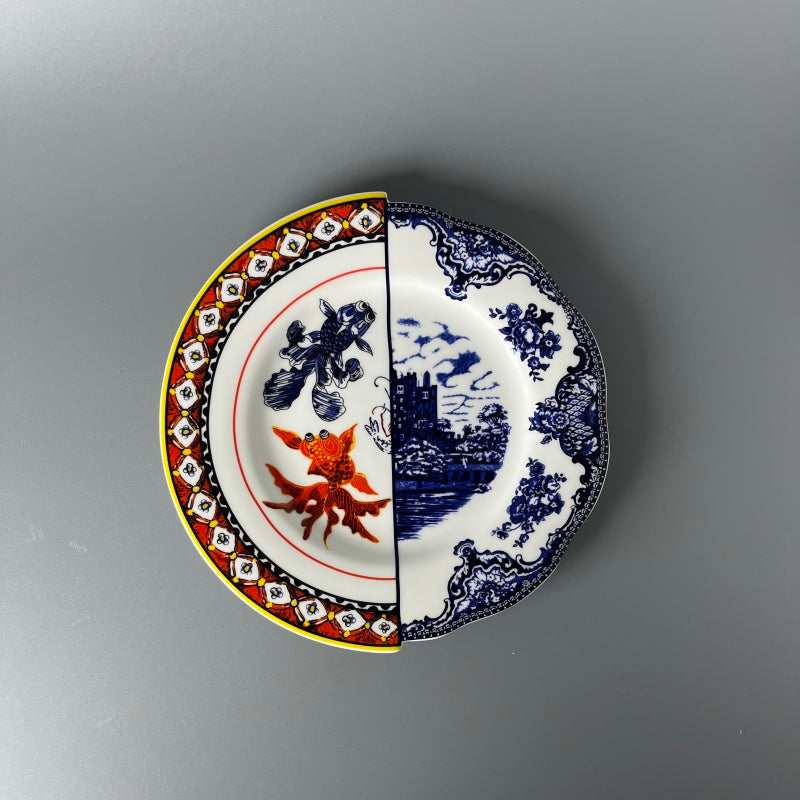 Fine Bone China plates of East Meets West Castle & Koi