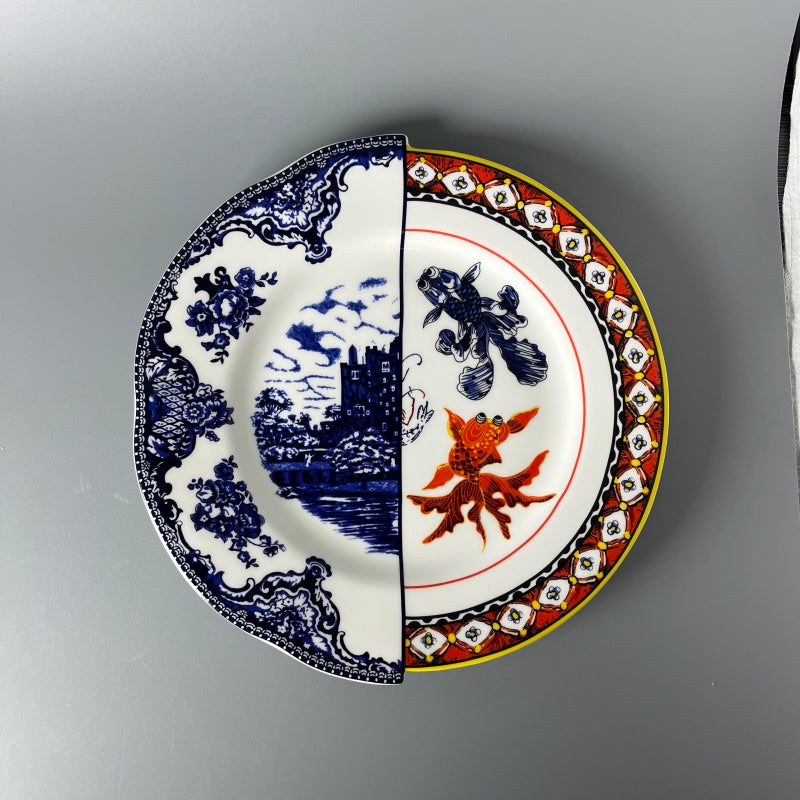 Fine Bone China plates of East Meets West Castle & Koi