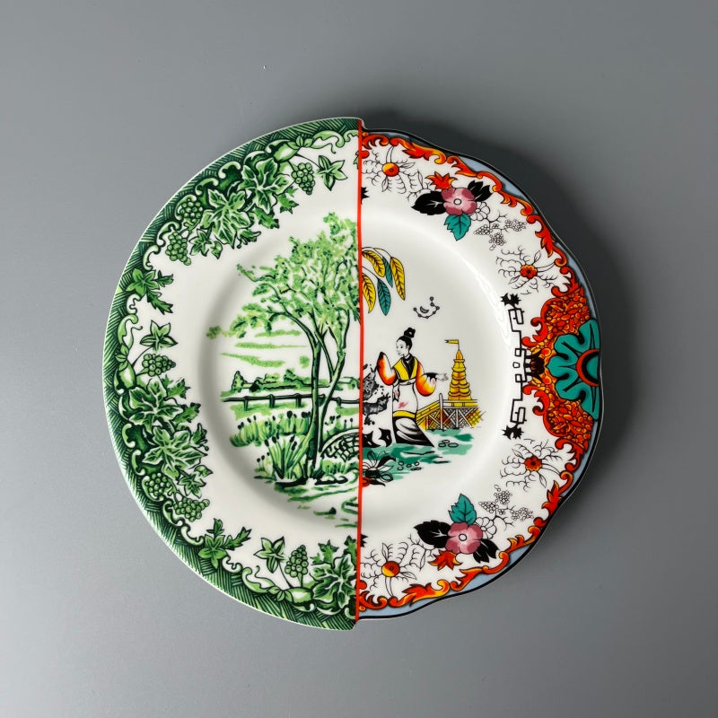 Bone China Plates of East and West Greenware & Famille Rose Fusion Plate