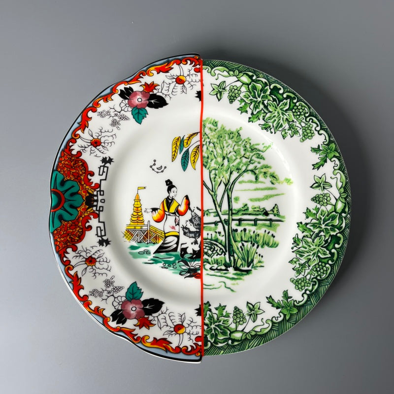 Bone China Plates of East and West Greenware & Famille Rose Fusion Plate