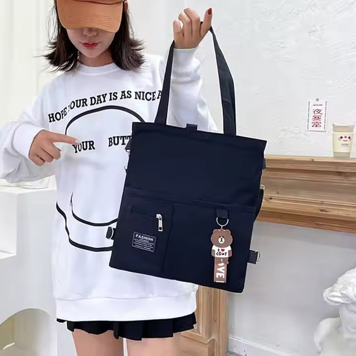 Cute canvas student bag with double shoulder straps and key ring with bear pendant