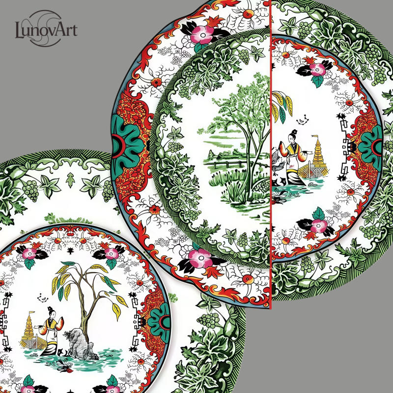 Bone China Plates of East and West Greenware & Famille Rose Fusion Plate
