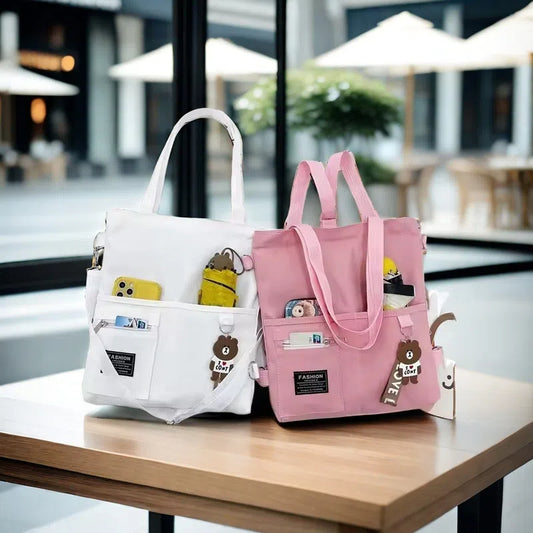 Cute canvas student bag with double shoulder straps and key ring with bear pendant