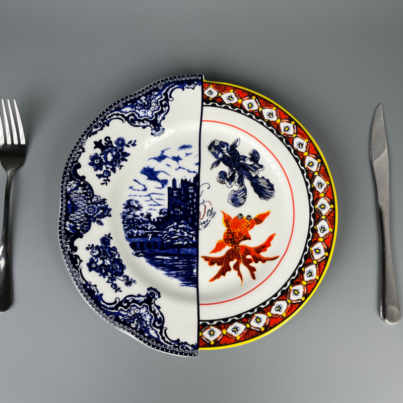 Fine Bone China plates of East Meets West Castle & Koi