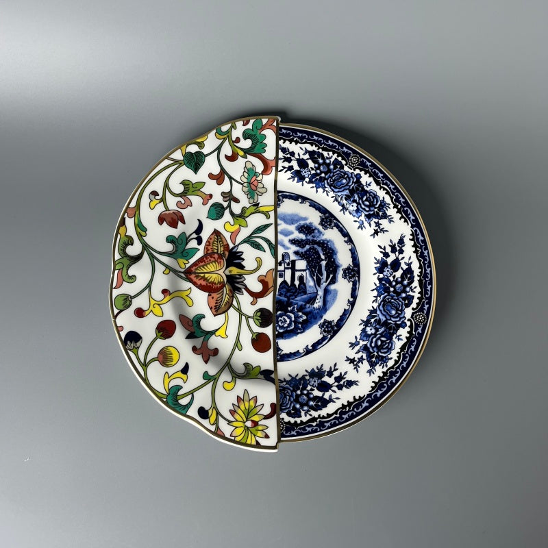Bone china plates of East Meet West Dutch Delftware & Chinese doucai entwined lotus patterns