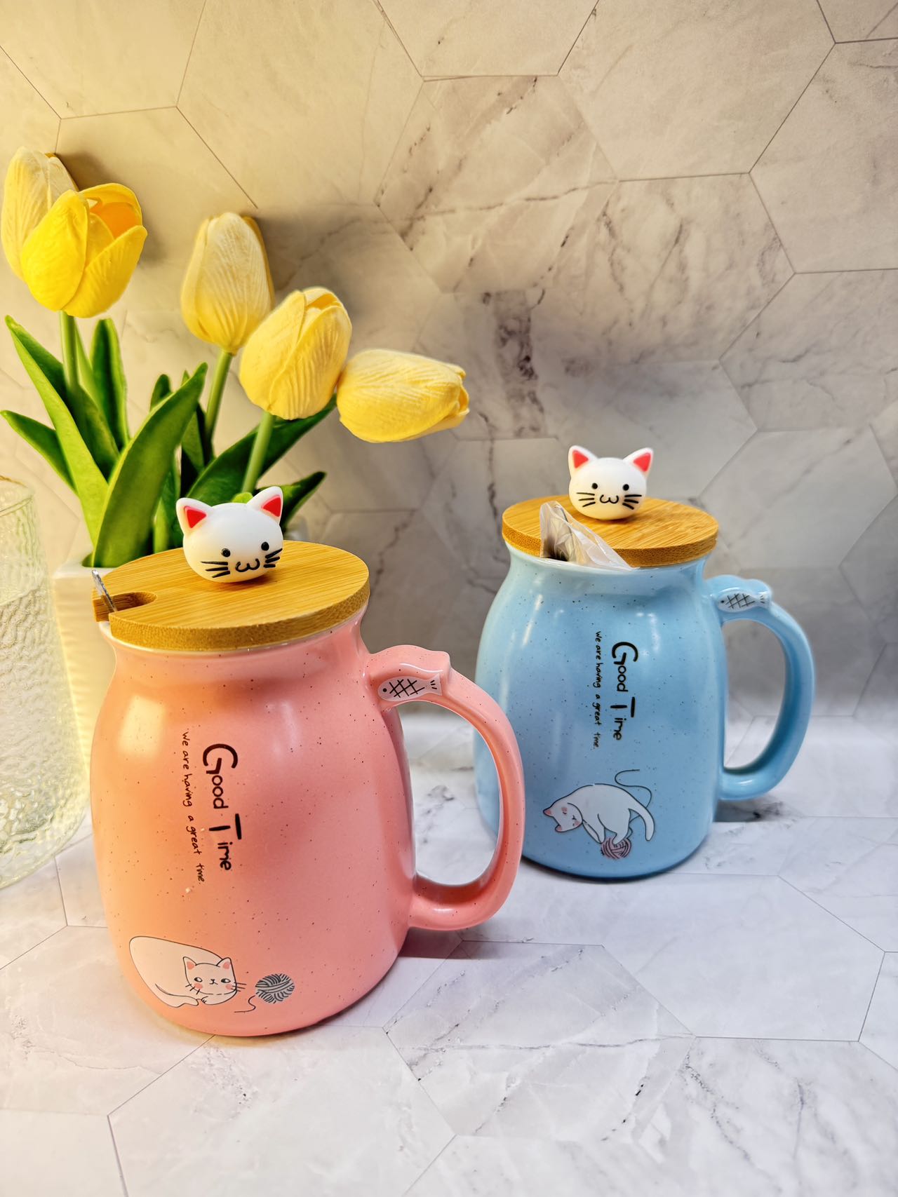 Japanese Cute Cat Mug with lid and spoon