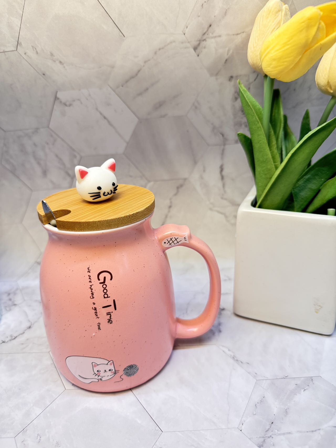 Japanese Cute Cat Mug with lid and spoon