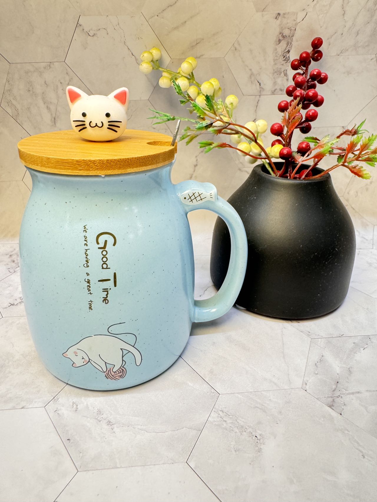 Japanese Cute Cat Mug with lid and spoon