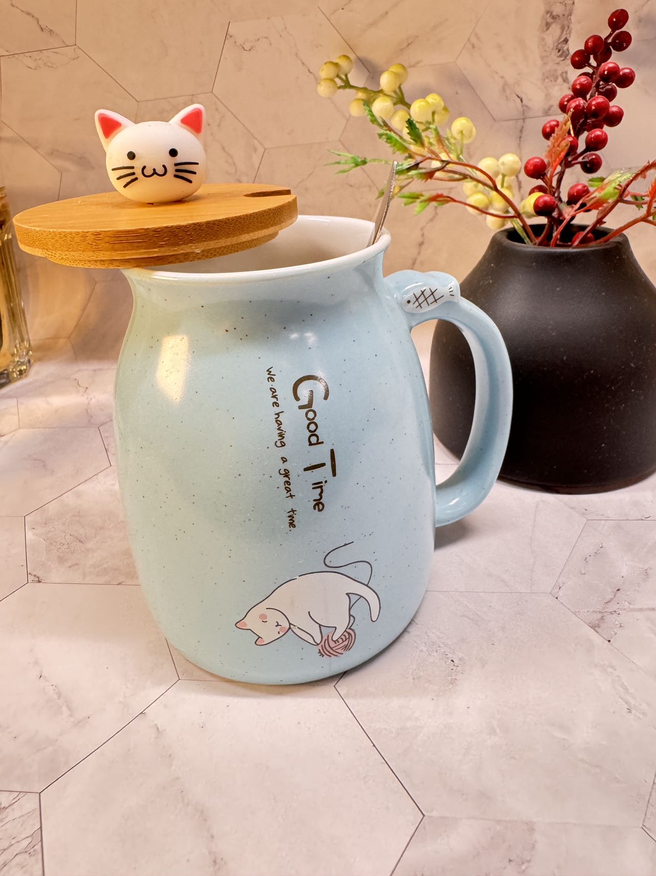 Japanese Cute Cat Mug with lid and spoon